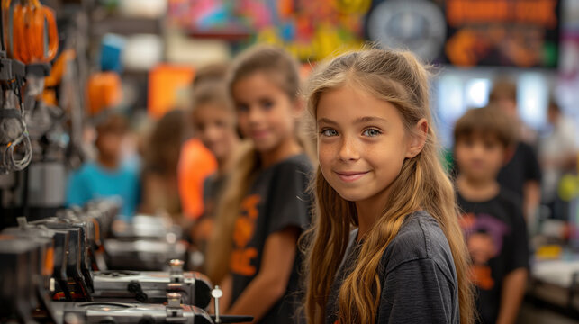 Cheerful blonde preteen standing in music room with classmates