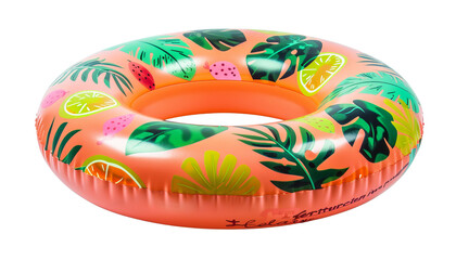 Orange inflatable pool float with tropical leaf and fruit designs, ideal for summer fun and relaxation in the pool or beach.