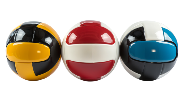 Three colorful modern spherical objects with sleek designs isolated on a white background, showcasing vibrant and contrasting colors.