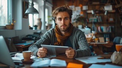 Bearded man with scarf sits in cozy well-lit home office portrait image. Holding tablet. Desk cluttered with papers and coffee picture photorealistic. Working remotely concept photo