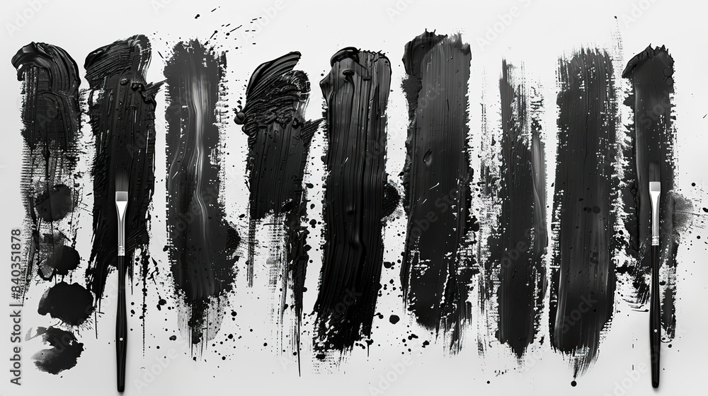 Poster paintbrush with splattered effect in dirty style isolated black ink stencils for graphic design text
