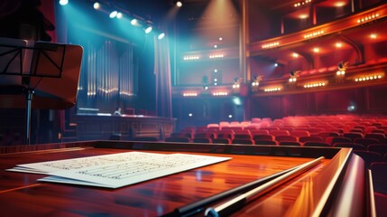 Maestro's Moment Conductor's Podium with Blank Business Cards Baton and Scores in Concert Hall