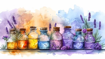 this modern illustration features glass jars and bottles with lavender essential oil it features a sketch style black ink outline and a colorful watercolor texture.stock photo