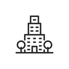 Multi-story building and trees, linear style icon. Editable stroke width