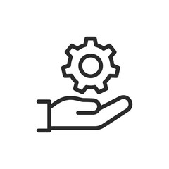 Hand holding gear, linear style icon. service and technical support. Editable stroke width