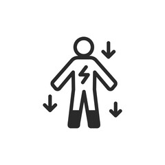 Decrease in body energy, linear style icon. Person with lightning bolt and low energy levels. fatigue and low vitality. Editable stroke width