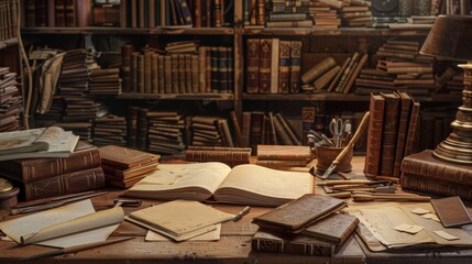 Obraz premium Artisanal Craftsmanship Vintage Bookbinders Workshop with Leatherbound Books Business Cards and Tools