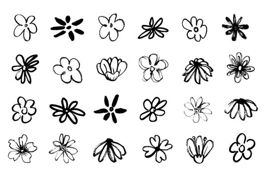 Grunge brush flowers. Scribble ink grunge chamomile flowers icons drawn with markers and crayons 
