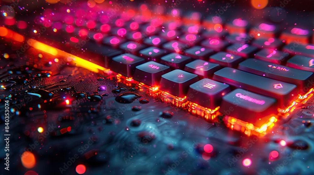 Poster a close up on a modern keyboard with shallow depth of field and toned colors for the concept of appl