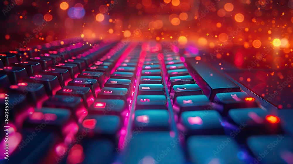 Poster a close up on a modern keyboard with shallow depth of field and toned colors for the concept of appl