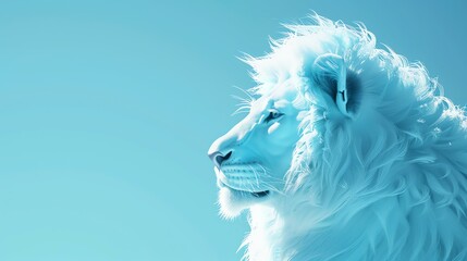 This is a majestic blue lion with a white mane. The background is a gradient of light blue to white. The lion is looking to the right of the frame. - Powered by Adobe