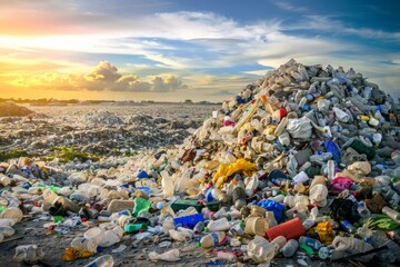 Massive Plastic Waste Heap Under Cloudy Sky at Dusk