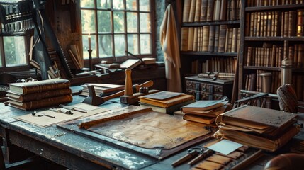 Artisanal Craftsmanship Vintage Bookbinders Workshop with Leatherbound Books Business Cards and Tools