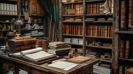 Obraz premium Artisanal Craftsmanship Vintage Bookbinders Workshop with Leatherbound Books Business Cards and Tools