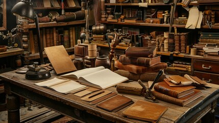 Artisanal Craftsmanship Vintage Bookbinders Workshop with Leatherbound Books Business Cards and Tools