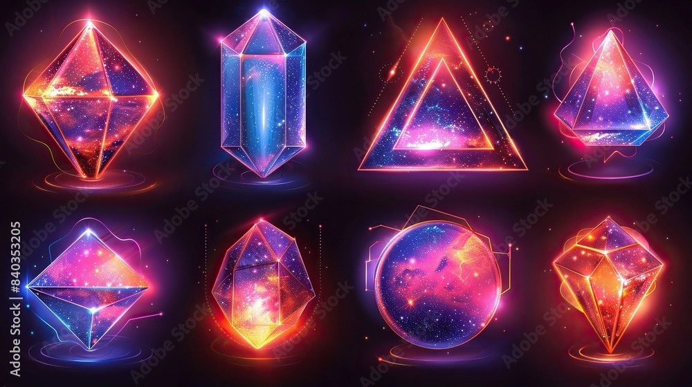 Poster design elements for disco retro or themed events using neon shapes retrofuturistic holographic colle