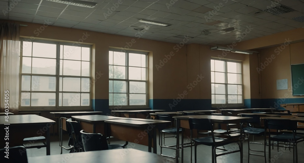 Wall mural empty highschool classroom landscape banner copyspace background