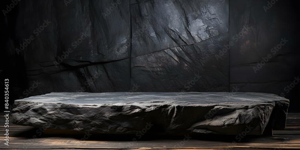 Poster ideal product display background rustic black rock podium with dark texture. concept product display