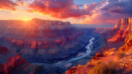 Fototapeta premium A nature canyon during sunset, the sky ablaze with colors, and the cliffs reflecting the hues