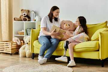 A mother and her daughter are sitting on a yellow sofa, reading a book together. The daughter has a...