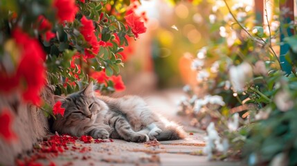 A gray tabby cat with green eyes naps peacefully on a stone path surrounded by vibrant red flowers and green foliage. The warm sunlight filters through the leaves, creating a serene atmosphere.