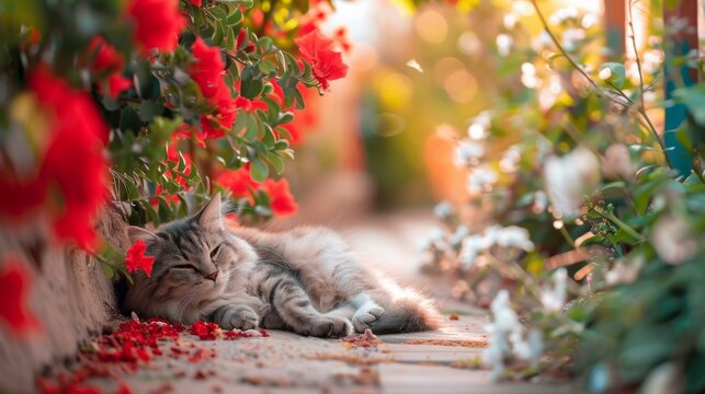 A gray tabby cat with green eyes naps peacefully on a stone path surrounded by vibrant red flowers and green foliage. The warm sunlight filters through the leaves, creating a serene atmosphere.
