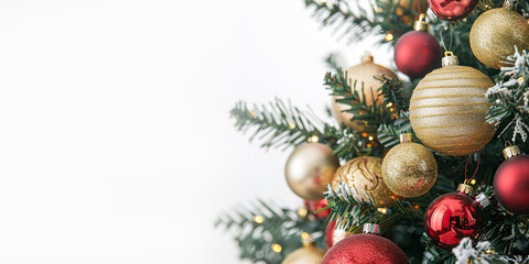 Christmas background. Branches of Christmas tree isolated on white. Decorated red gold ornaments Christmas tree wide long banner and free space for text. Xmas, New Year greeting card, winter holiday
