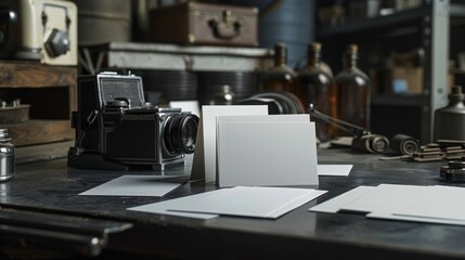 Vintage Photography Studio Classic Cameras Business Cards and Developing Chemicals for Analog Artistry