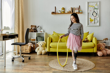 A young girl with a prosthetic leg spins a yellow hula hoop in her home living room, surrounded by...