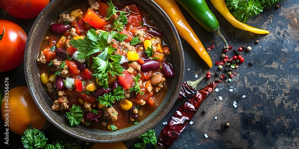 Wall mural fresh mexican meal with chili taco sauce tomatoes peppers and vegetables. concept mexican cuisine, s