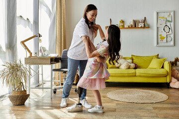 A brunette mother and her daughter with a prosthetic leg are dancing together at home.