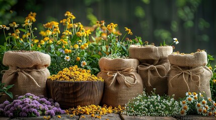 a wooden mortar with chamomile on the right a bunch of herbs in hessian bags.stock illustration