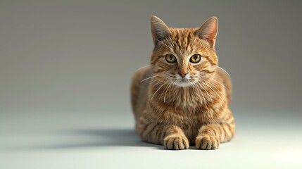 A ginger cat is sitting on a white surface. The cat is looking at the camera with its big green eyes. The cat has a very soft and fluffy fur.