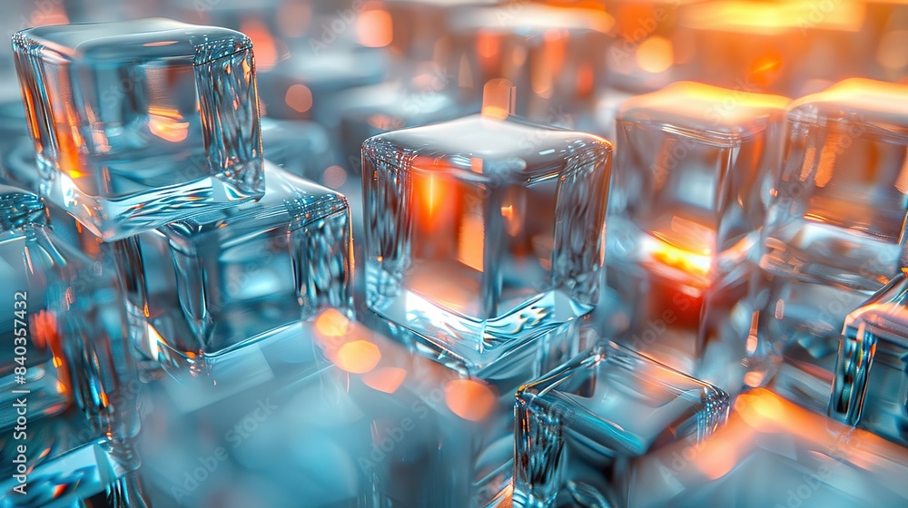 Poster for a futuristic data or process workflow an abstract macro shot of glass cubes is taken with a soft