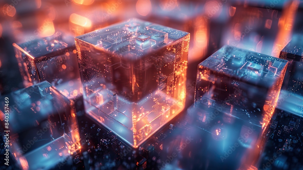 Poster for a futuristic data or process workflow an abstract macro shot of glass cubes is taken with a soft