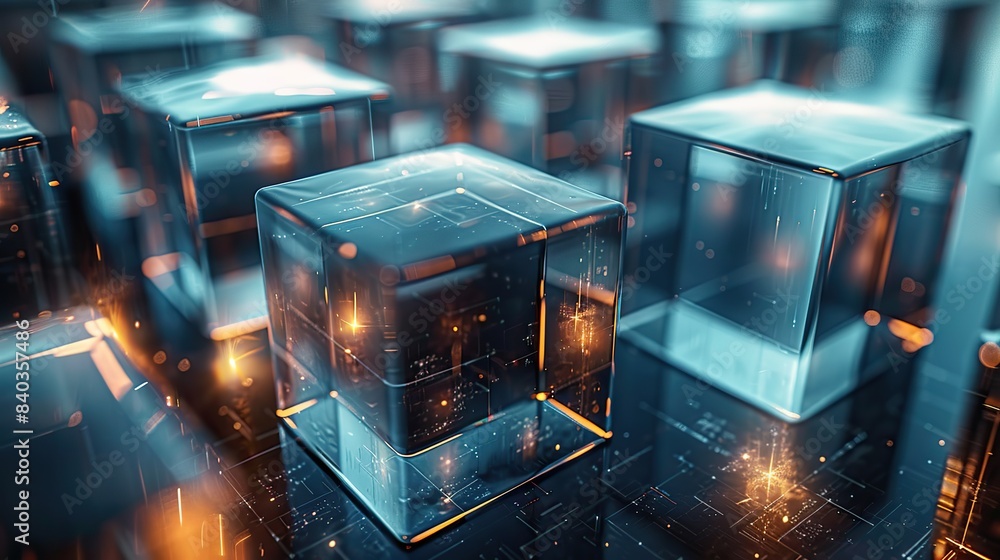 Poster for a futuristic data or process workflow an abstract macro shot of glass cubes is taken with a soft