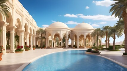 retreat location of an opulent resort hotel or palace with garden landscaping featuring arcade arcs and a swimming pool for Arabia's traditional, exotic travel architecture as broad