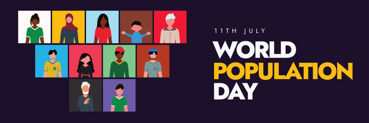 World Population Day. 11th July World Population day celebration cover banner with portrait pictures of people of different age, religion, ethnic. Population day awareness banner to make policies.