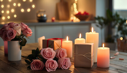 Burning candles, gift boxes and bouquet of roses on wooden table
