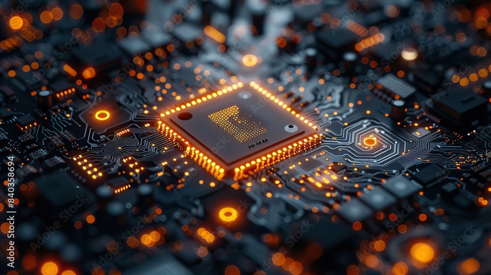 Poster an advanced gpu ram microchip or cpu on a powerful computer board for artificial intelligence techno