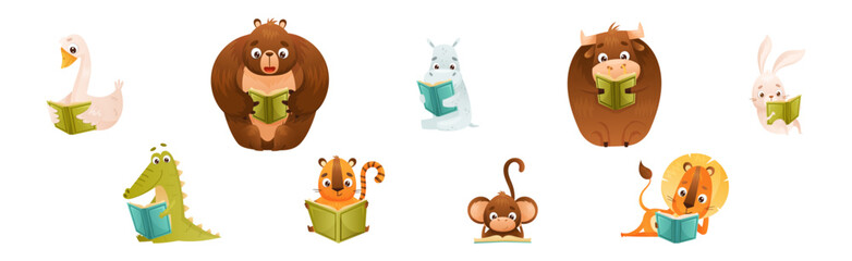 Cute Animal Character Reading Book Enjoying Interesting Story Vector Set