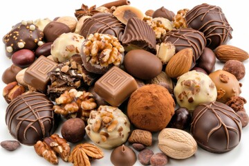 Assorted gourmet chocolate truffles and nuts, captured in high quality food photography with a vibrant and festive presentation