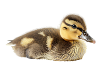 Adorable duckling sitting on its side against a white background. Perfect for animal, nature, and wildlife themed projects.