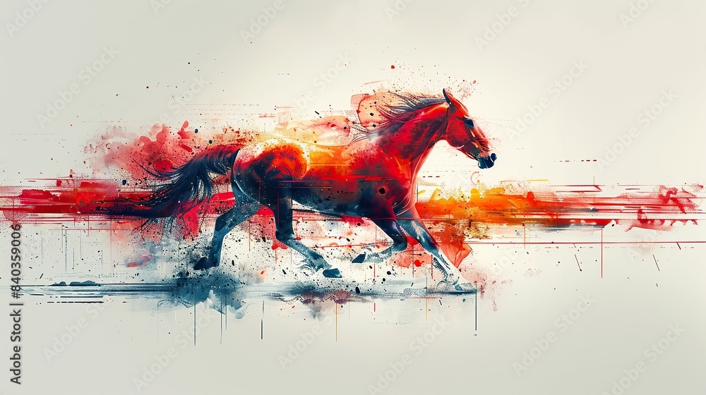 Poster a watercolor drawing generated by generative artificial intelligence depicting a running horse.stock