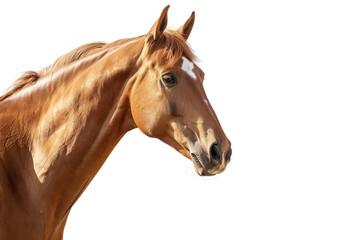 Obraz premium Close-up of a beautiful, brown horse looking to the side with a white background, showing detailed mane and facial features.