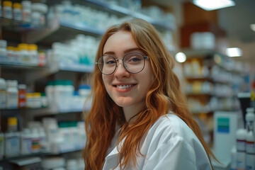Smiling portrait of young person pharmacist at the pharmacy