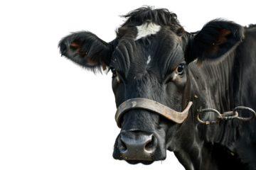 Close-up of a black and white cow looking at the camera, isolated on a white background, wearing a nose ring and harness.