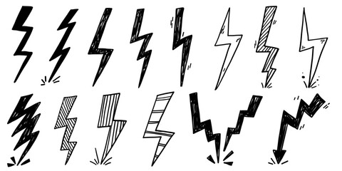 Hand drawn doodle thunderstorm lightning spark voltage electric shock scribble.
