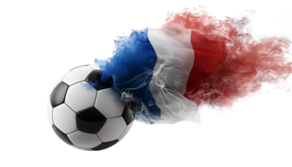 Black and White Soccer Ball with French Flag Smoke Effect, Sports Equipment, National Pride, Isolated on White PNG Transparent Background