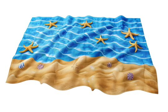 Colorful beach blanket with starfish, seashells on a sandy background and blue ocean waves, perfect for summer vibes and relaxation.